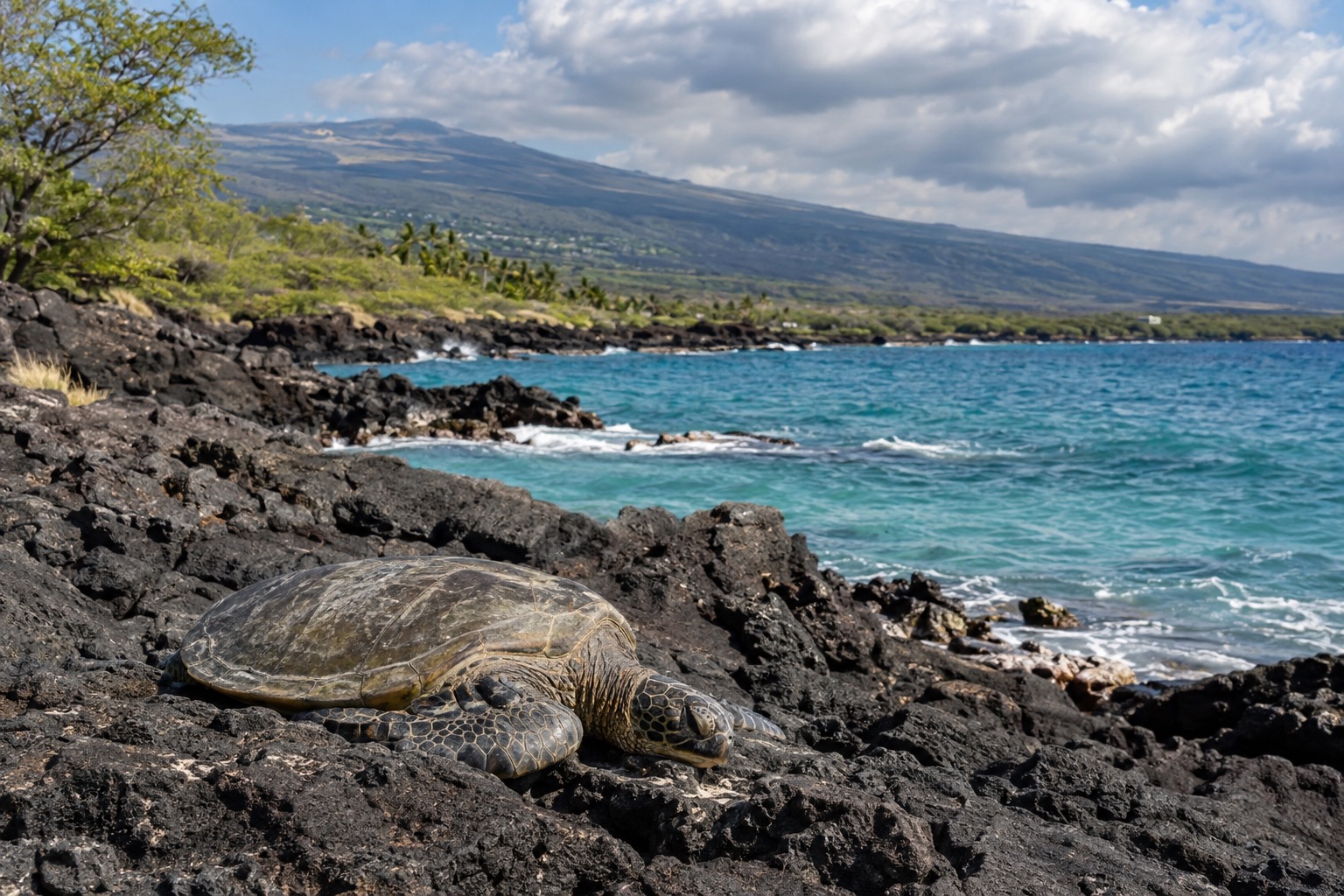 A green sea turtle resting on black lava rock near the Kona shoreline