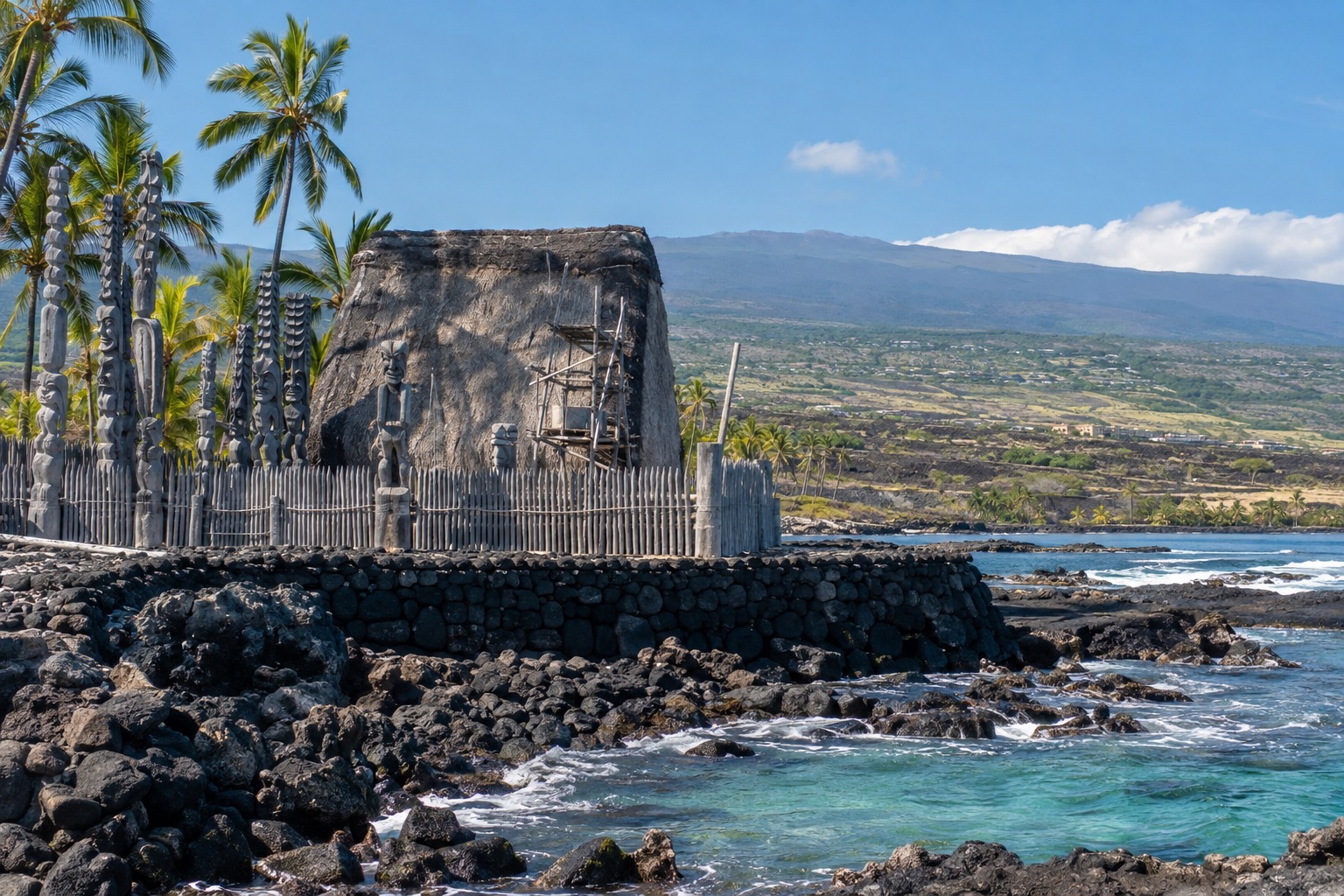 A stone platform and thatched structures at a historic Hawaiian site near the Kona coastline