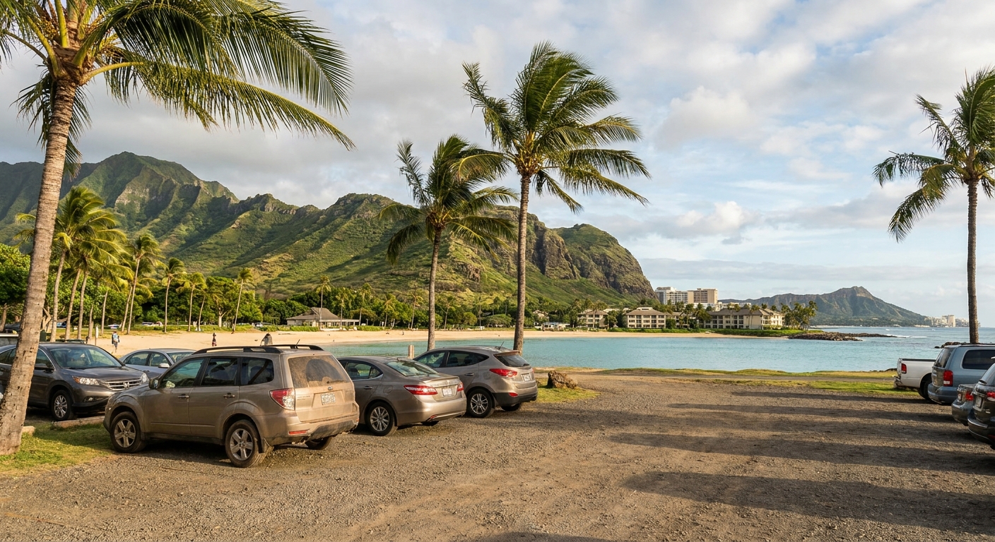 Public parking area beside one of Ko Olina's lagoons with cars parked under palm trees