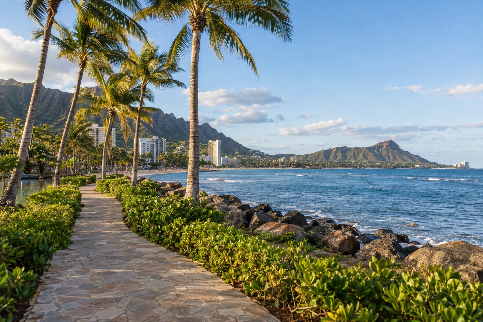 A paved seaside path lined with palm trees connecting resort lagoons