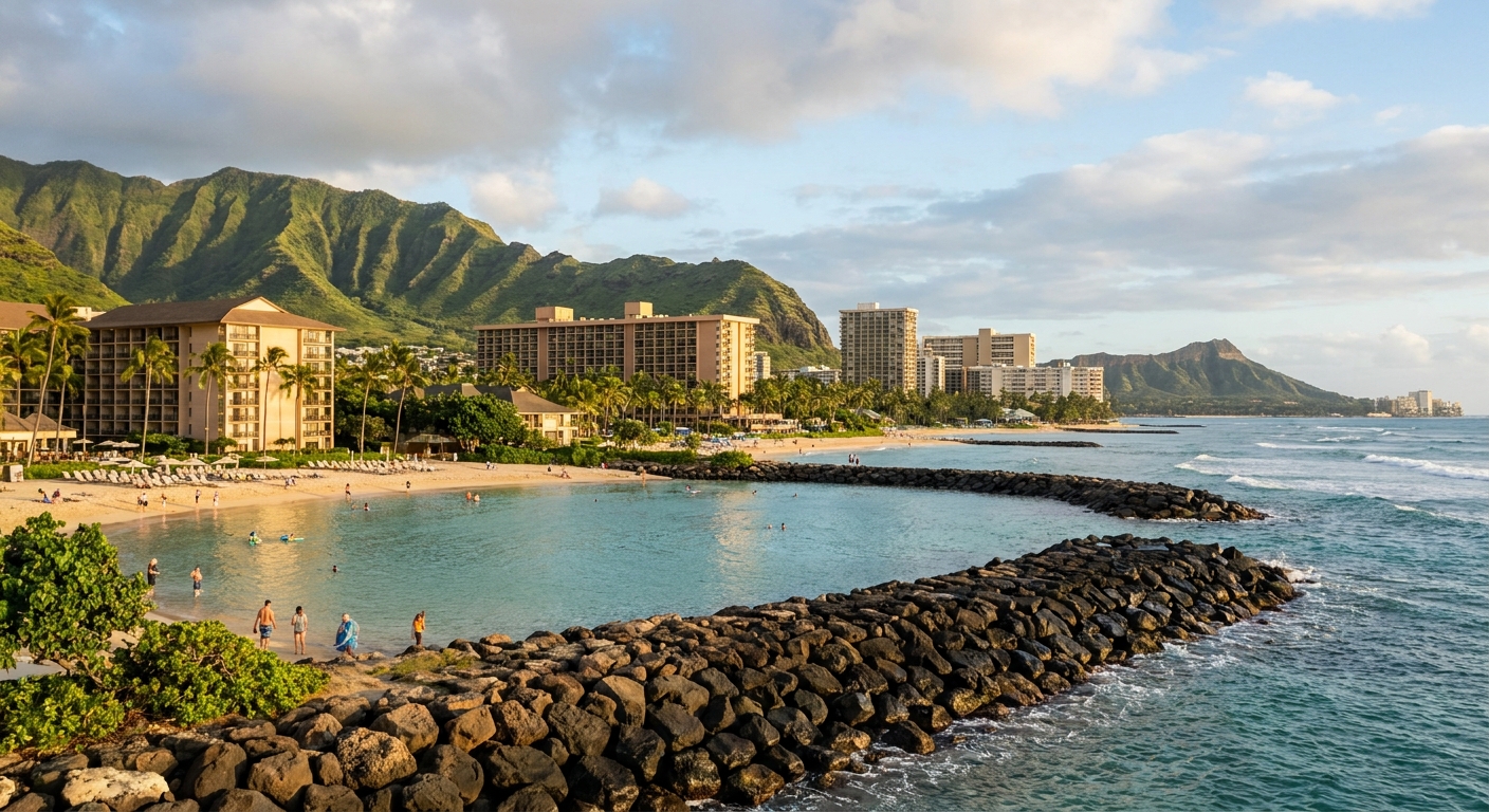Sheltered lagoon water bordered by a rock breakwater at a Hawaii resort in afternoon light