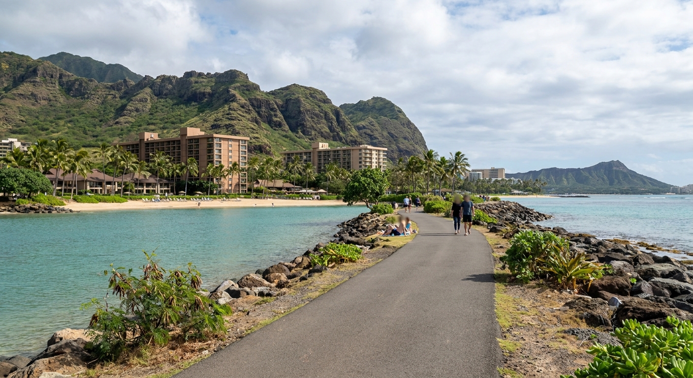 A paved shoreline path connecting lagoons at a Hawaii resort under daytime sky
