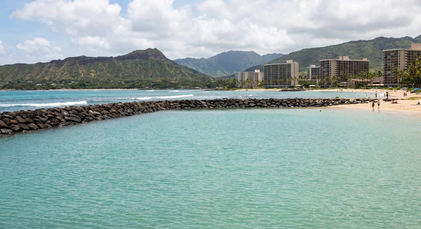 Turquoise lagoon water calm behind a rock breakwater at Ko Olina, Oahu