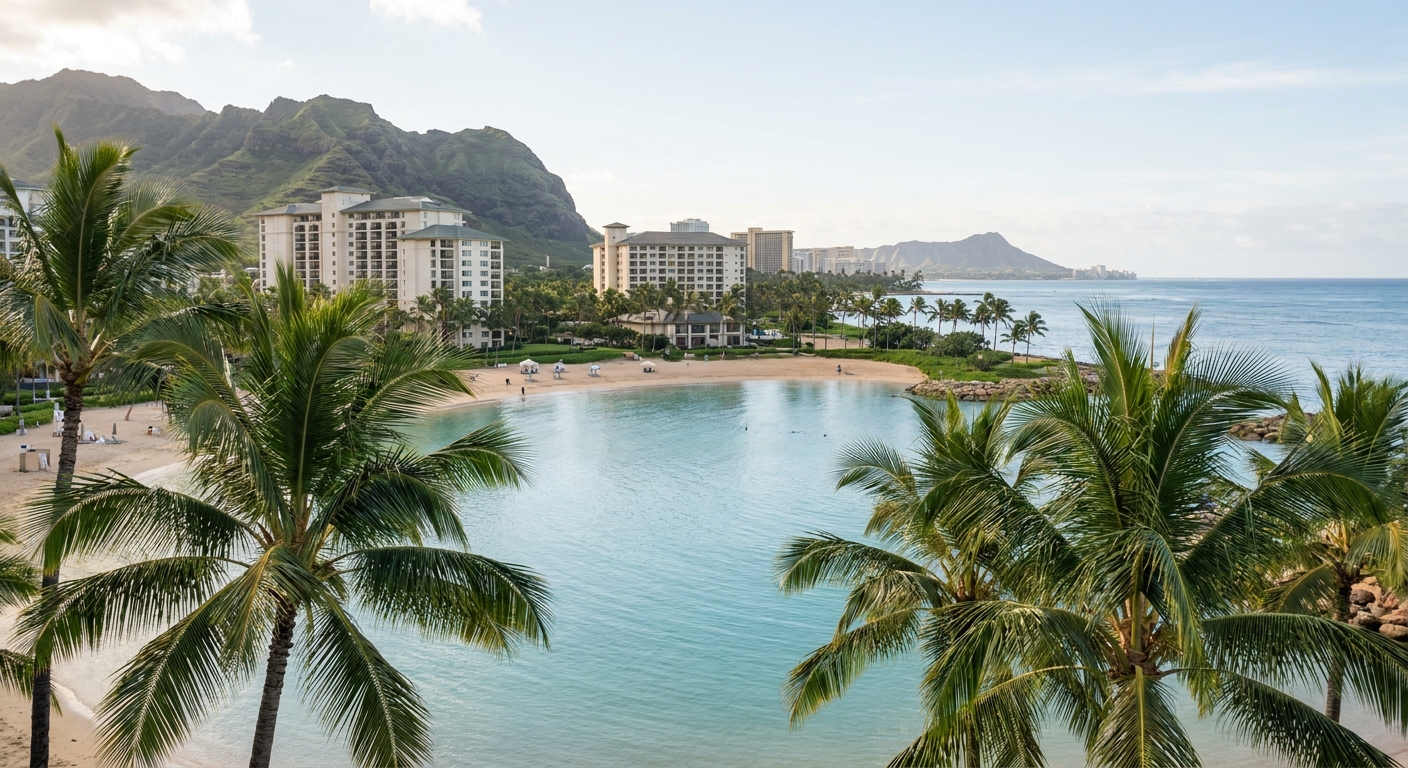 Turquoise lagoon water framed by palm trees at a Ko Olina resort in late morning light