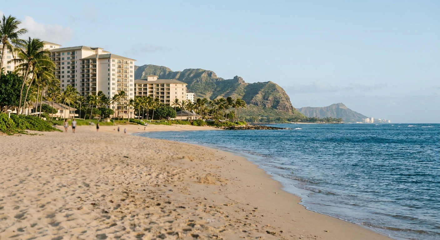 A quiet stretch of sand along Ko Olina's shoreline in soft afternoon sun