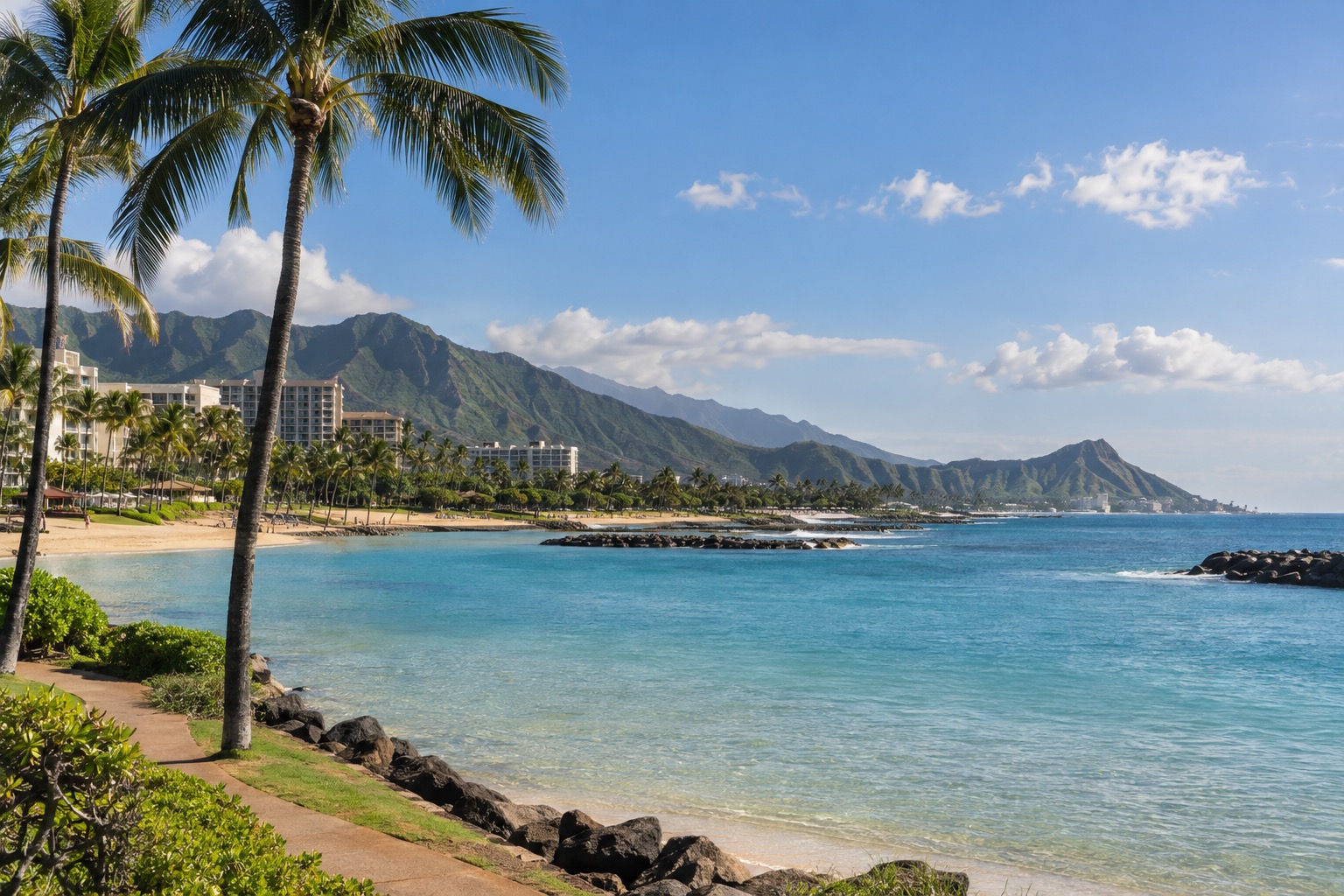 Turquoise lagoon water bordered by palm trees and a paved path at a Ko Olina resort lagoon