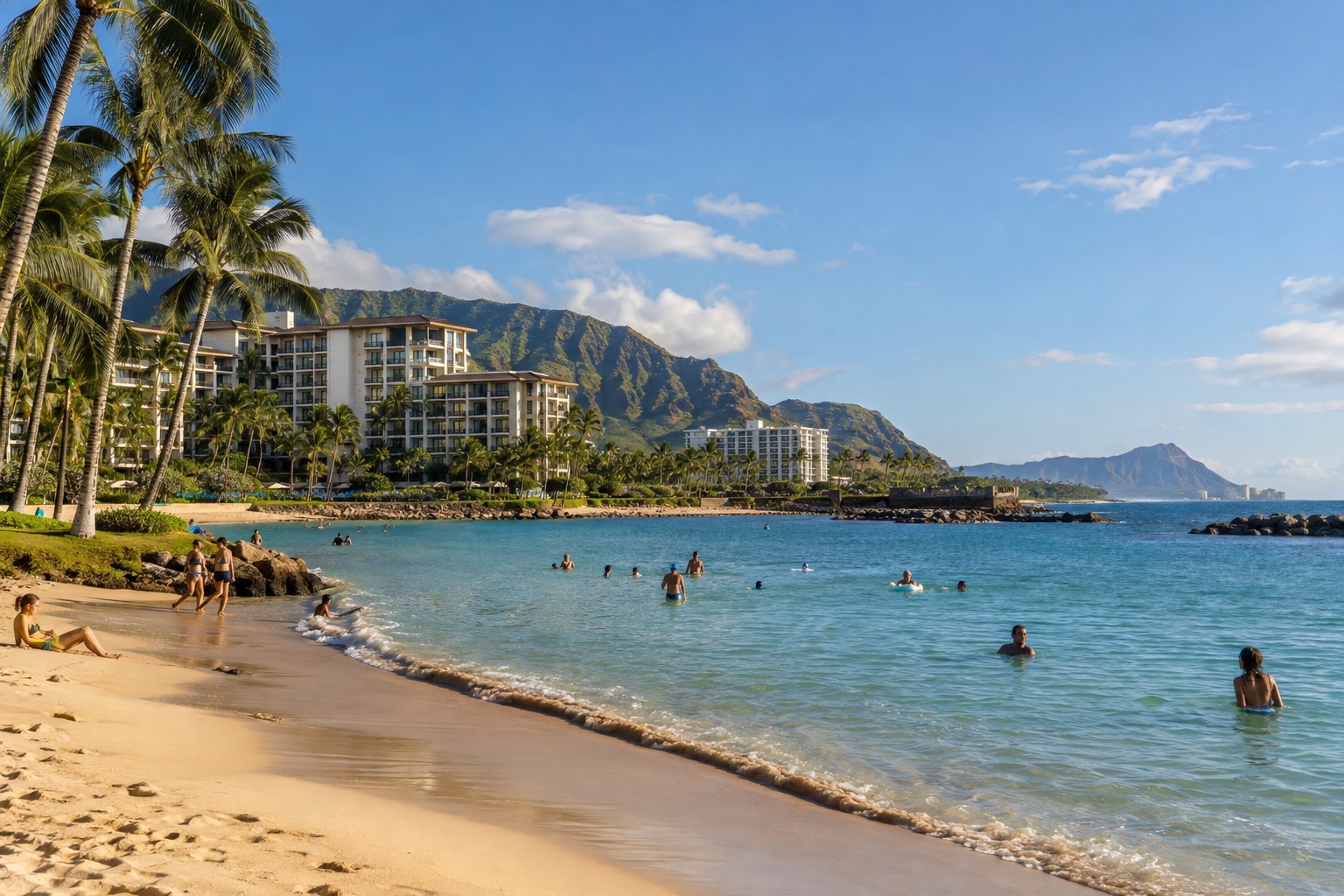 People swimming and relaxing along the sandy edge of a Ko Olina lagoon on a sunny afternoon