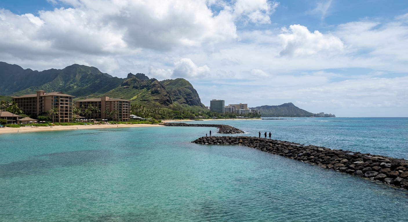 Turquoise lagoon water separated from the ocean by a low rock breakwater at a resort on Oahu's leeward coast