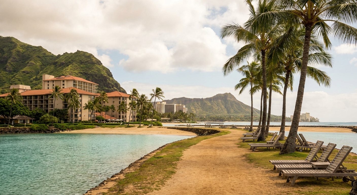 Palm-lined path curving along a lagoon shoreline with beach chairs at a Hawaii resort