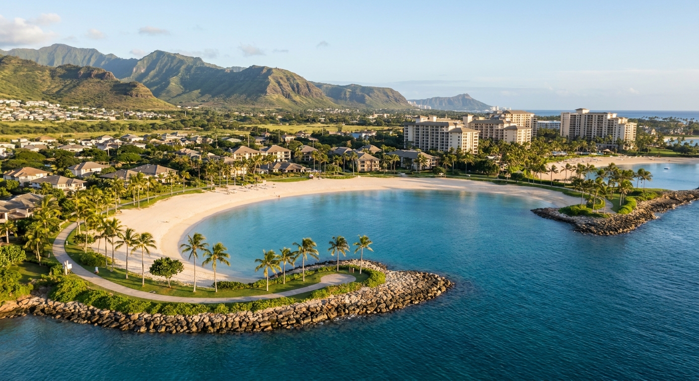 Aerial view of one of Ko Olina's four man-made lagoons rimmed with palm trees and a paved coastal path