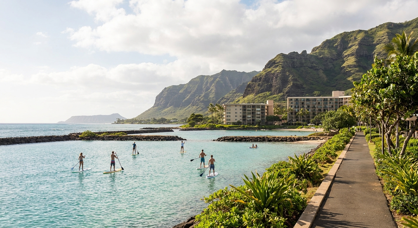 Paddleboarders near the shoreline path connecting Ko Olina's lagoons