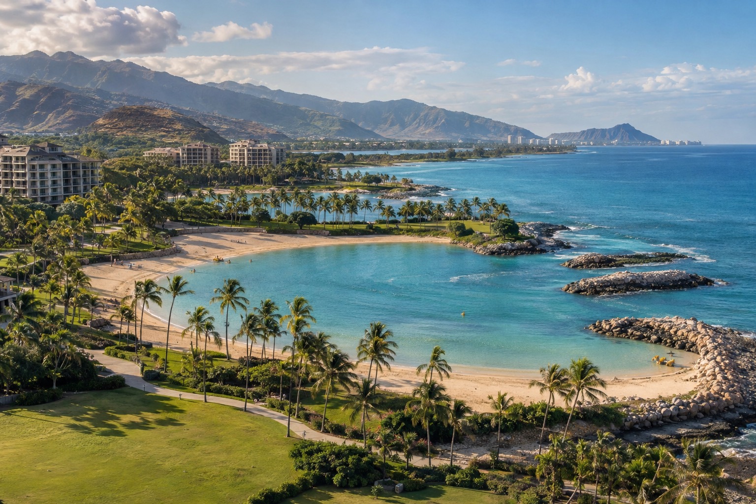 Aerial view of one of Ko Olina's four man-made lagoons connected by a paved shoreline path