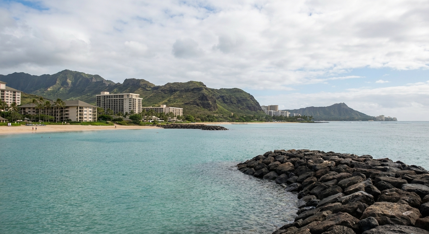 Calm turquoise lagoon water framed by a rock breakwater at Ko Olina