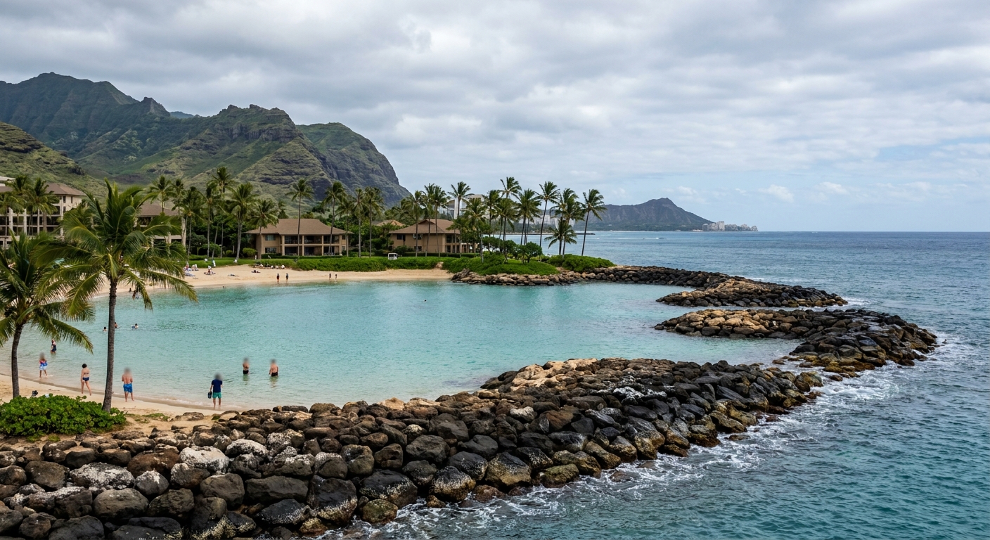 Turquoise lagoon water bordered by palm trees and a rock breakwater at a Ko Olina resort beach