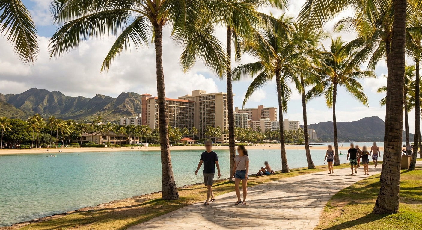 A paved path lined with palms running along Ko Olina's lagoon shoreline