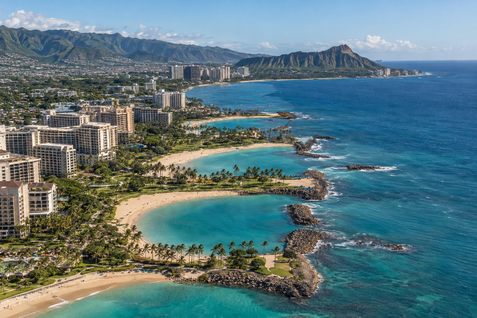 Aerial view of four turquoise lagoons separated by rock breakwaters along a resort shoreline on Oahu's leeward coast