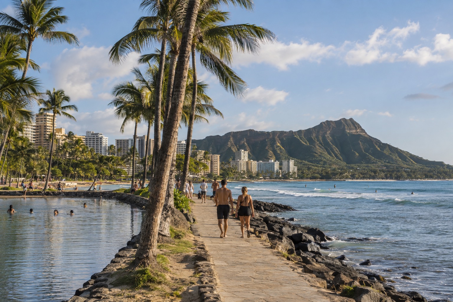 People walking and swimming along a paved path between two lagoons lined with palm trees