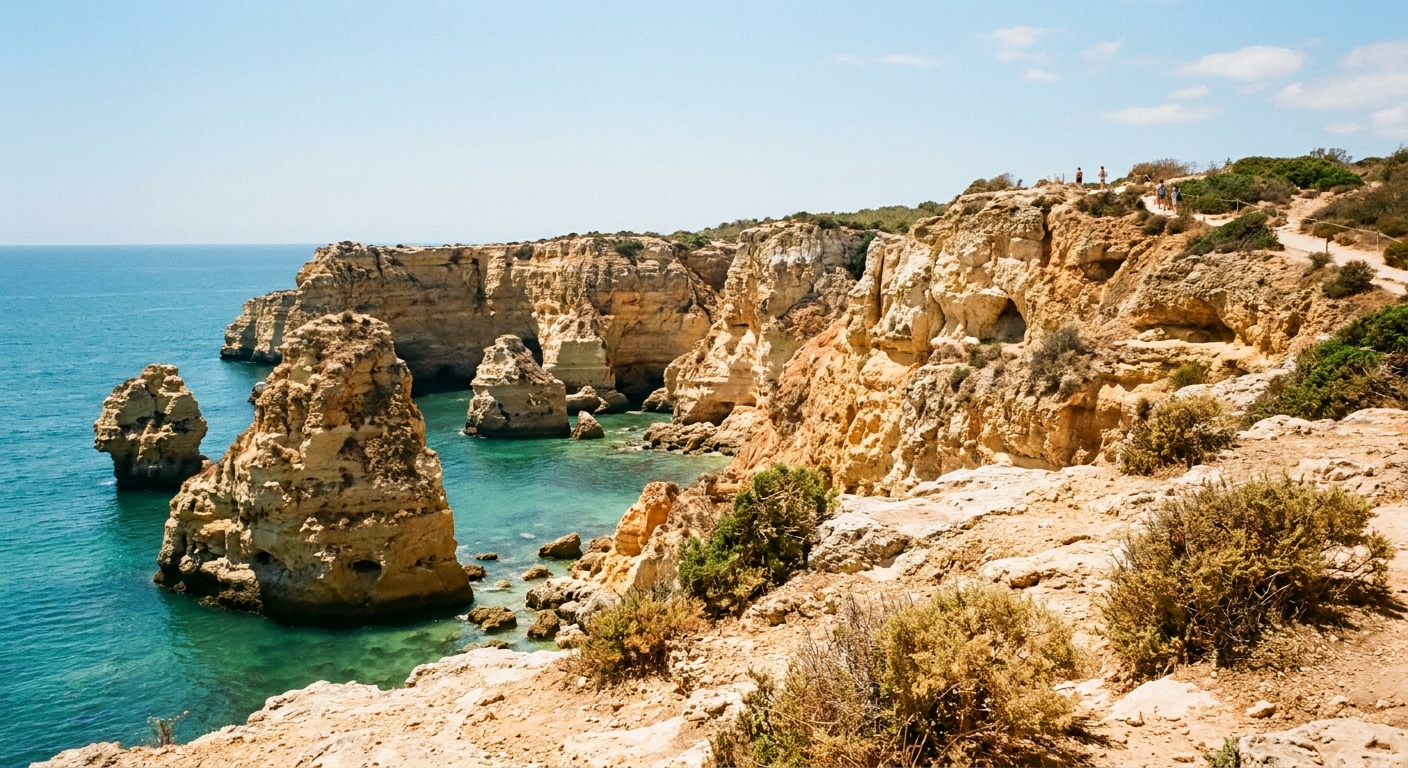 Yellow sandstone cliffs and sea stacks above clear water on the coast near Lagos, Portugal