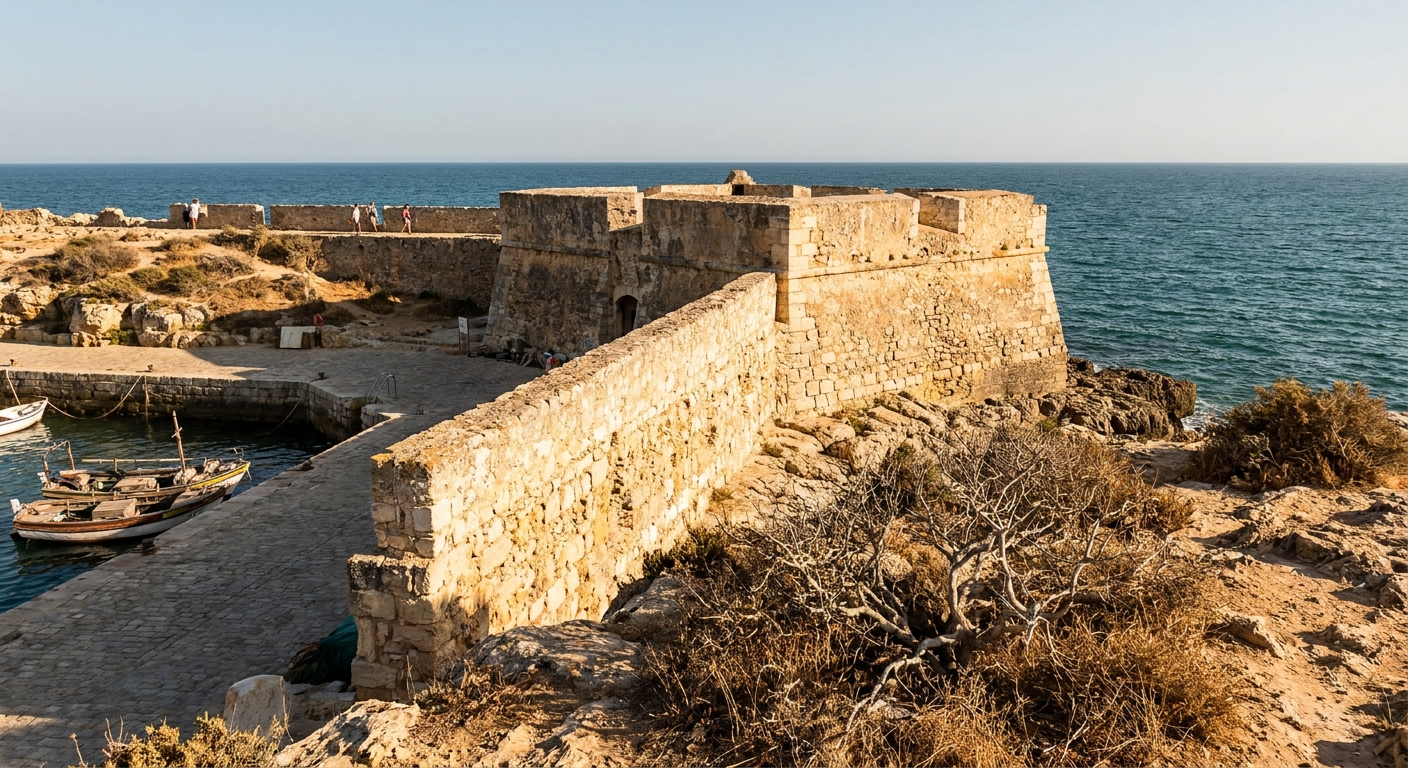 A low square stone fort with thick seaward walls beside the quay at Lagos