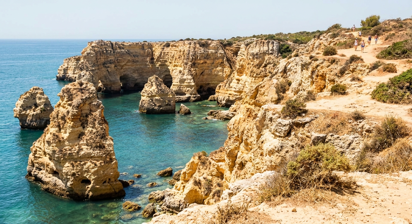 Golden sandstone cliffs and sea stacks above clear water on the coast near Lagos, Portugal