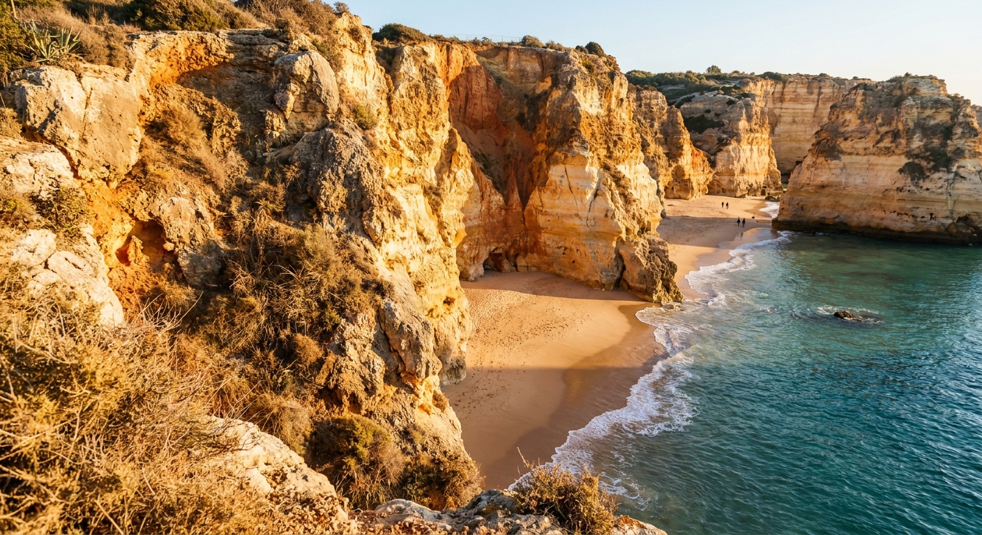 Sandstone cliffs and a narrow beach at Lagos under low winter sun