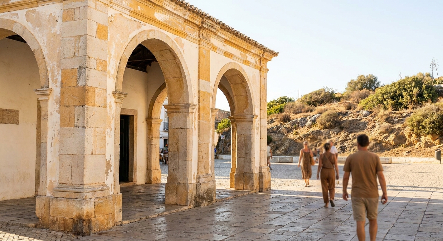 Stone arcade of a small historic market building on a paved square in Lagos