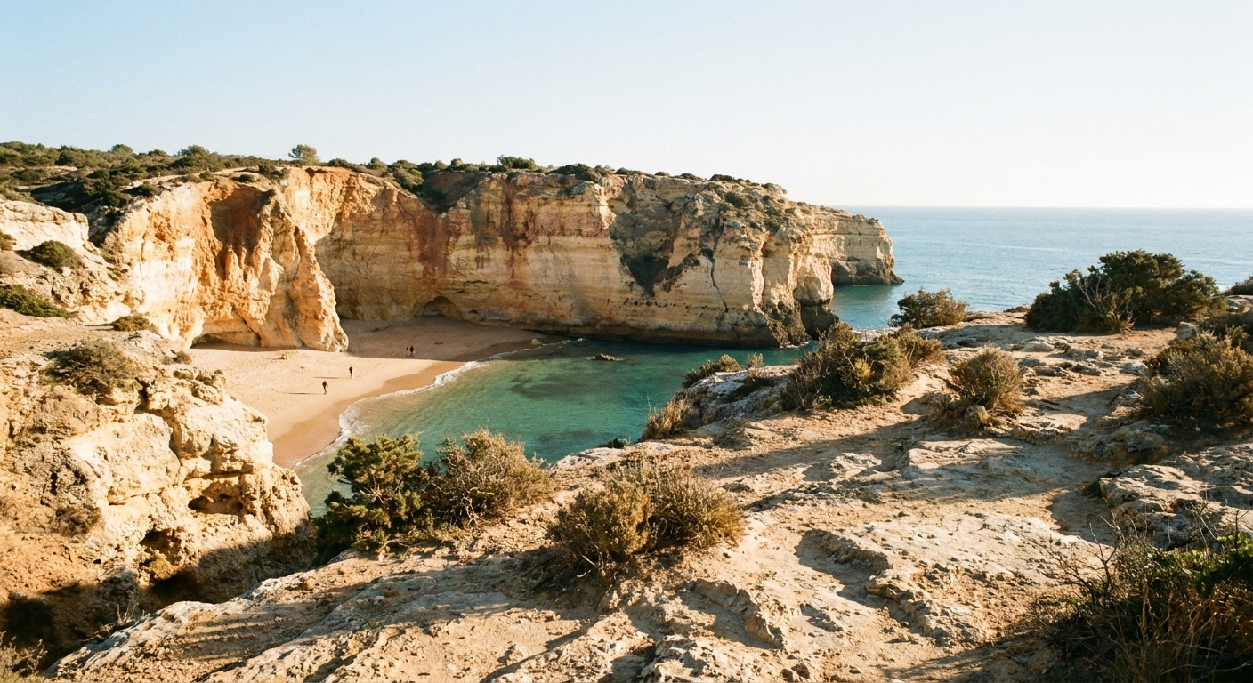 Ochre sandstone cliffs and a small sandy cove on the coast near Lagos under low winter sunlight