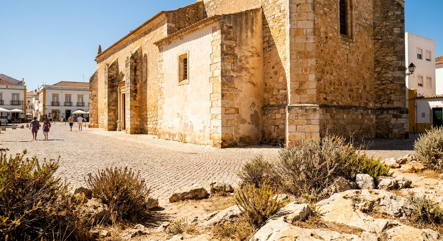 Cobbled square in Lagos with the museum building of the Rota da Escravatura on Praça do Infante