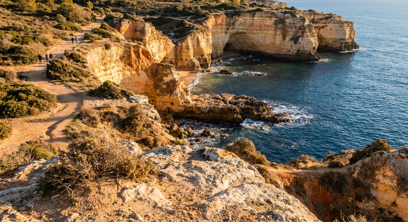 Sandstone cliffs and small coves on the coast path near Lagos under low winter sun