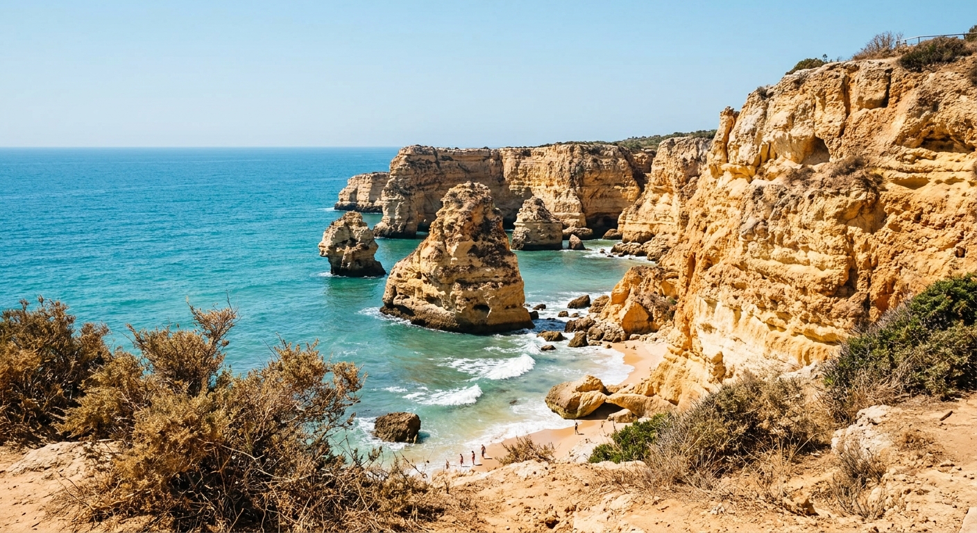 Sandstone cliffs and sea stacks above clear water on a sunny morning near Lagos