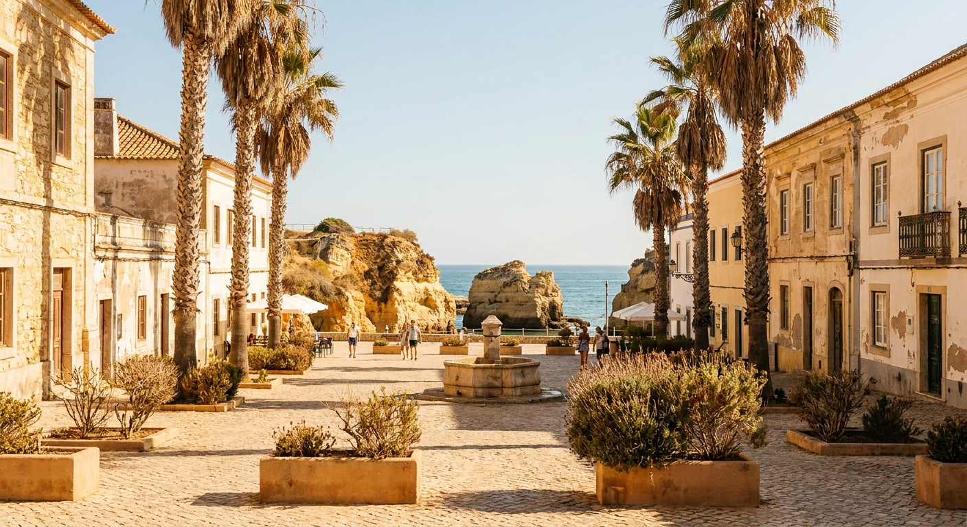 A small paved square in a Portuguese coastal town with a stone building and palm trees