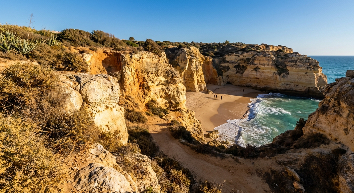 Golden sandstone cliffs above a small sandy cove on the coast near Lagos, Portugal