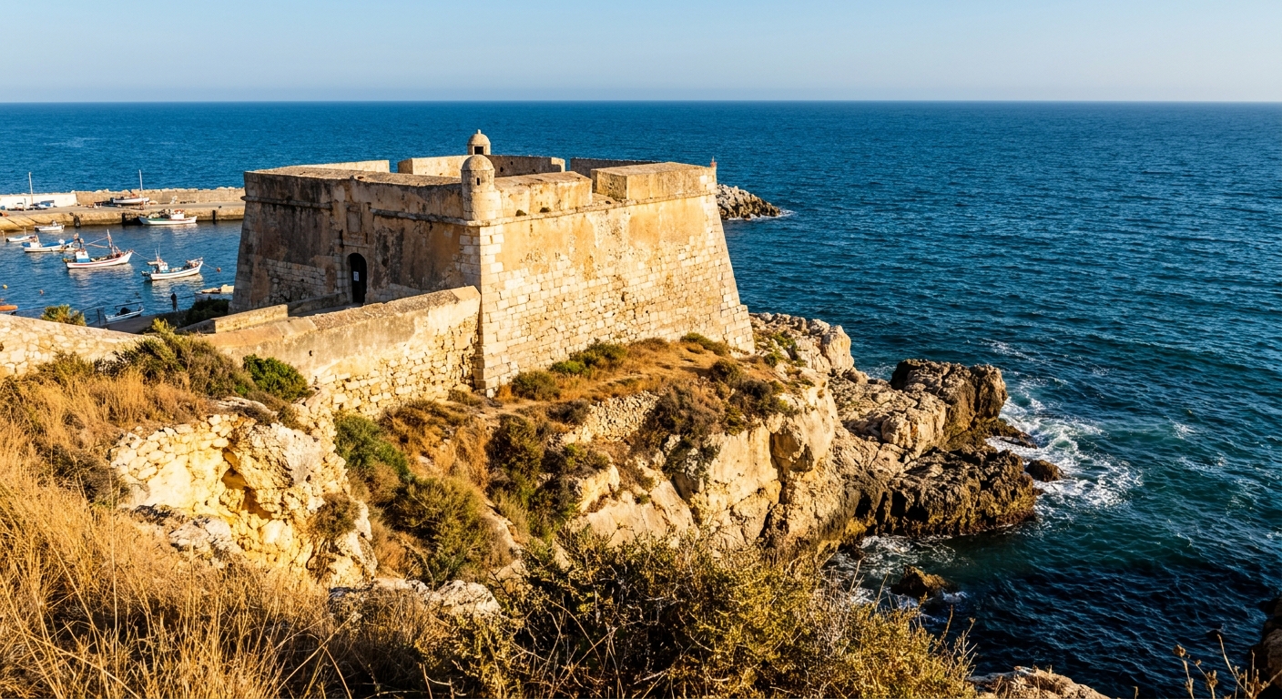 A square seventeenth-century coastal fort with low thick walls beside a harbor entrance