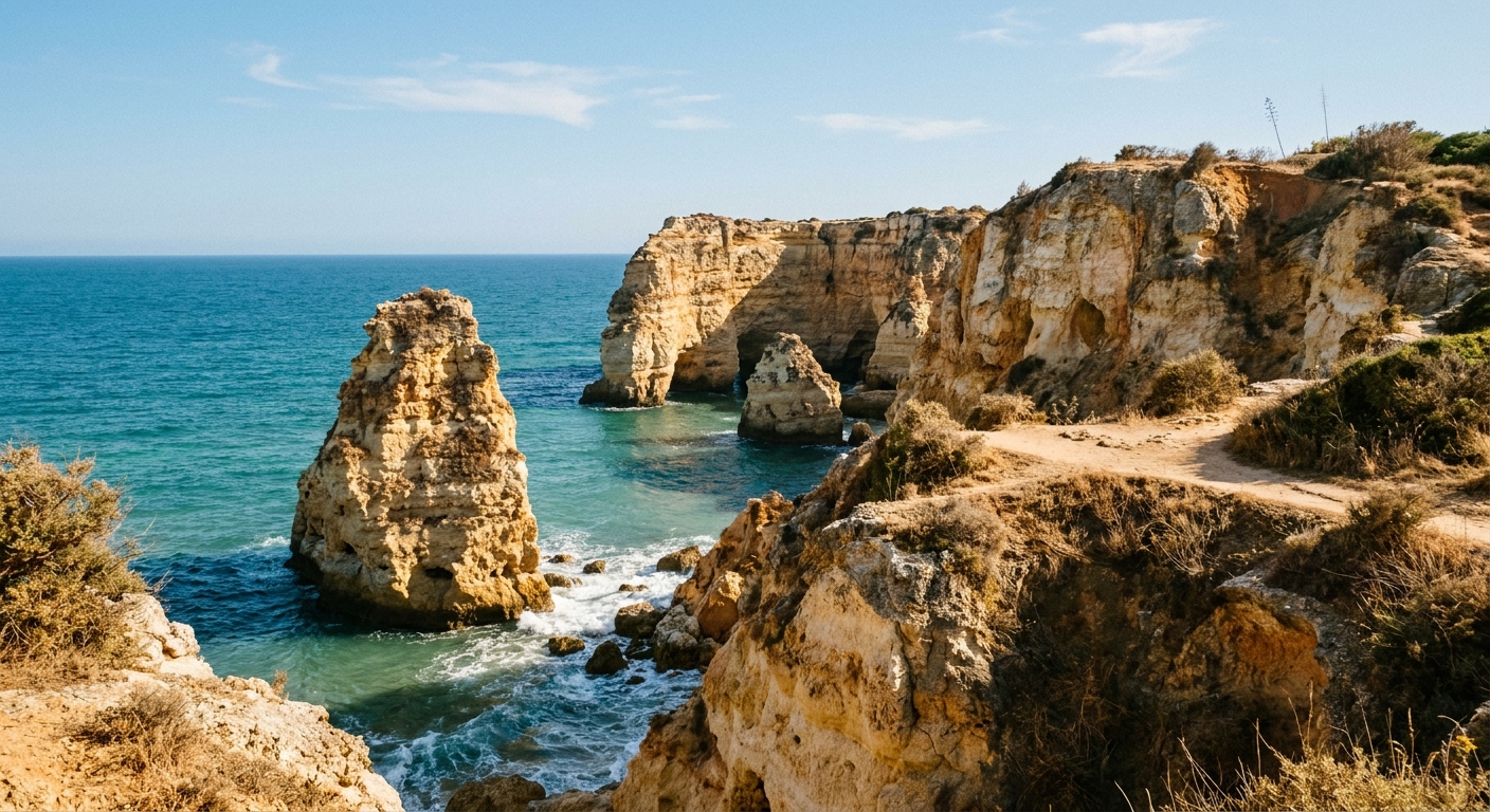Golden sandstone cliffs and sea stacks above a small cove on a clear, breezy day near Lagos