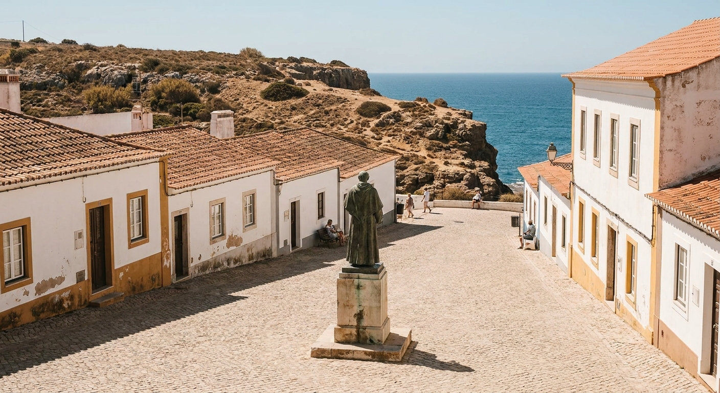 A stone-paved square in a Portuguese coastal town with low white buildings and a statue on a plinth