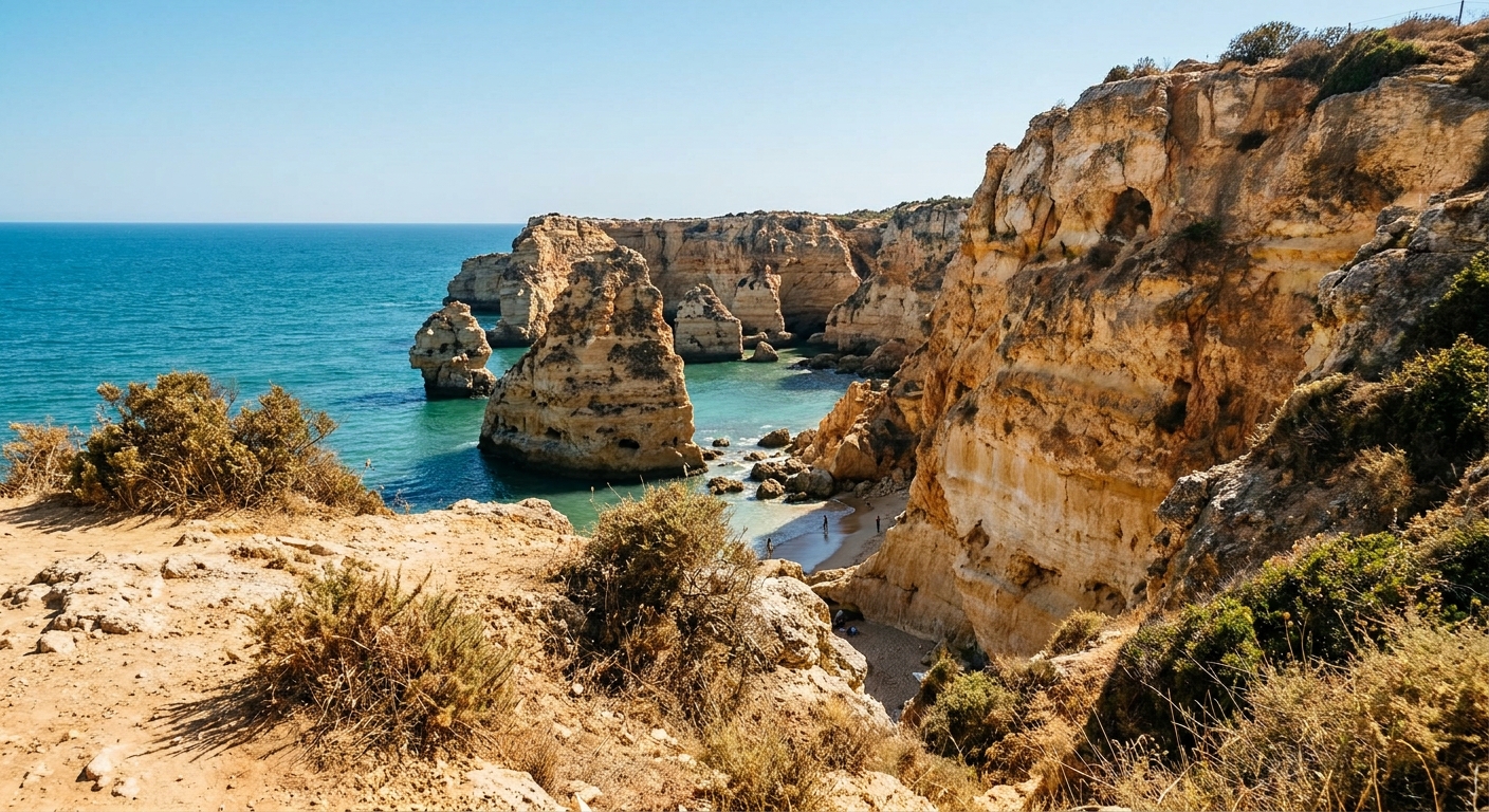 Sandstone sea stacks and cliffs on the coast at Lagos, Portugal, under a clear sky