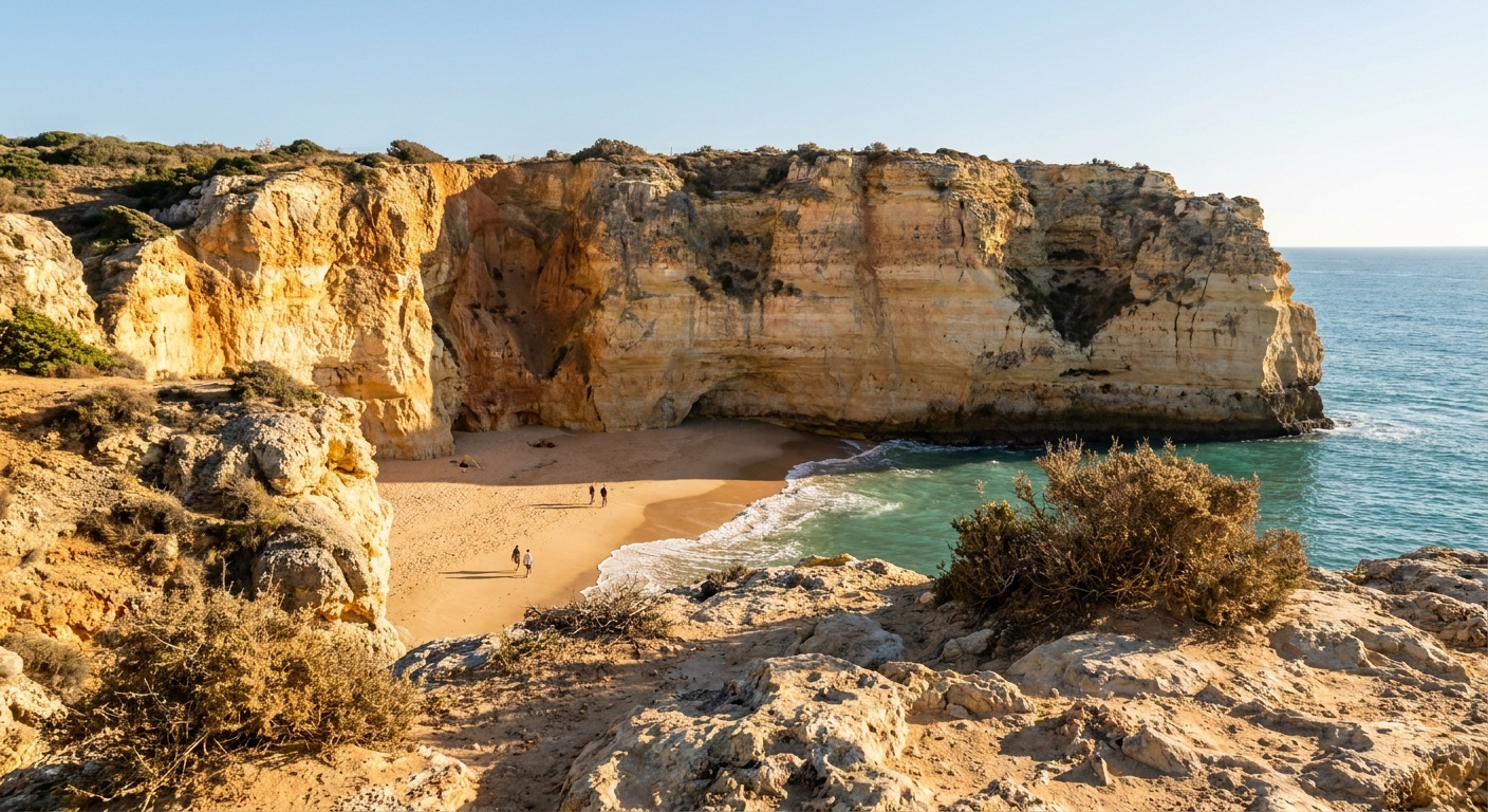 Golden limestone cliffs and a small sheltered beach on the coast at Lagos under low autumn sunlight