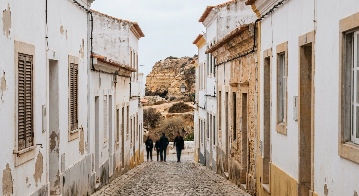 A narrow cobbled street of whitewashed houses in the old town of Lagos on an overcast day