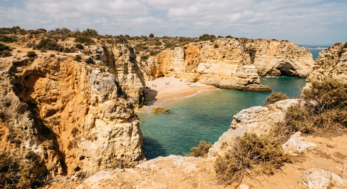 Golden sandstone cliffs and a small cove beach under a partly cloudy sky near Lagos, Portugal