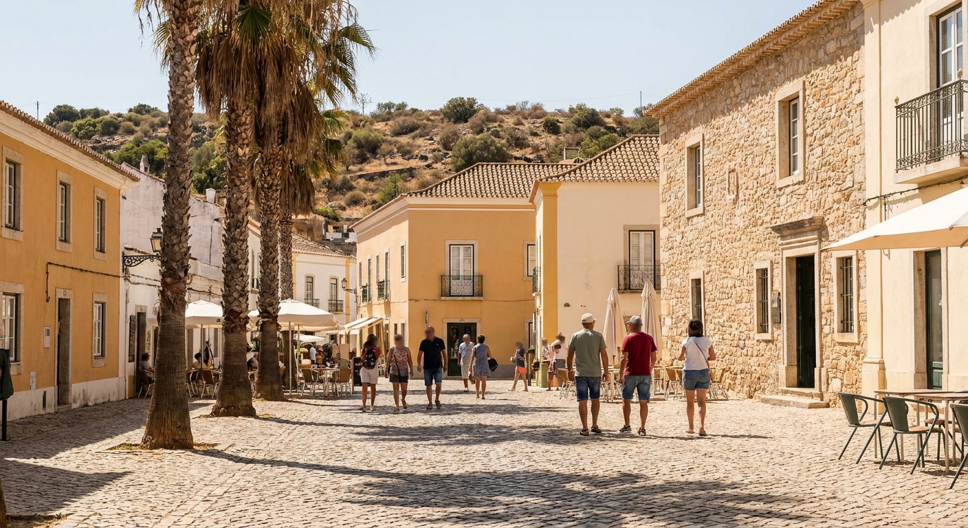 A cobbled square in the old town of Lagos with a stone museum building and palm trees
