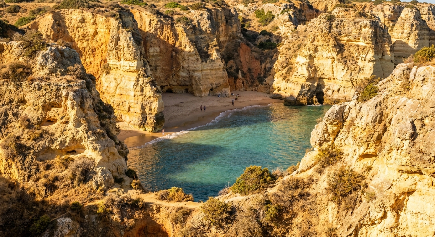 Golden sandstone cliffs and a small cove beach on the coast near Lagos, Portugal