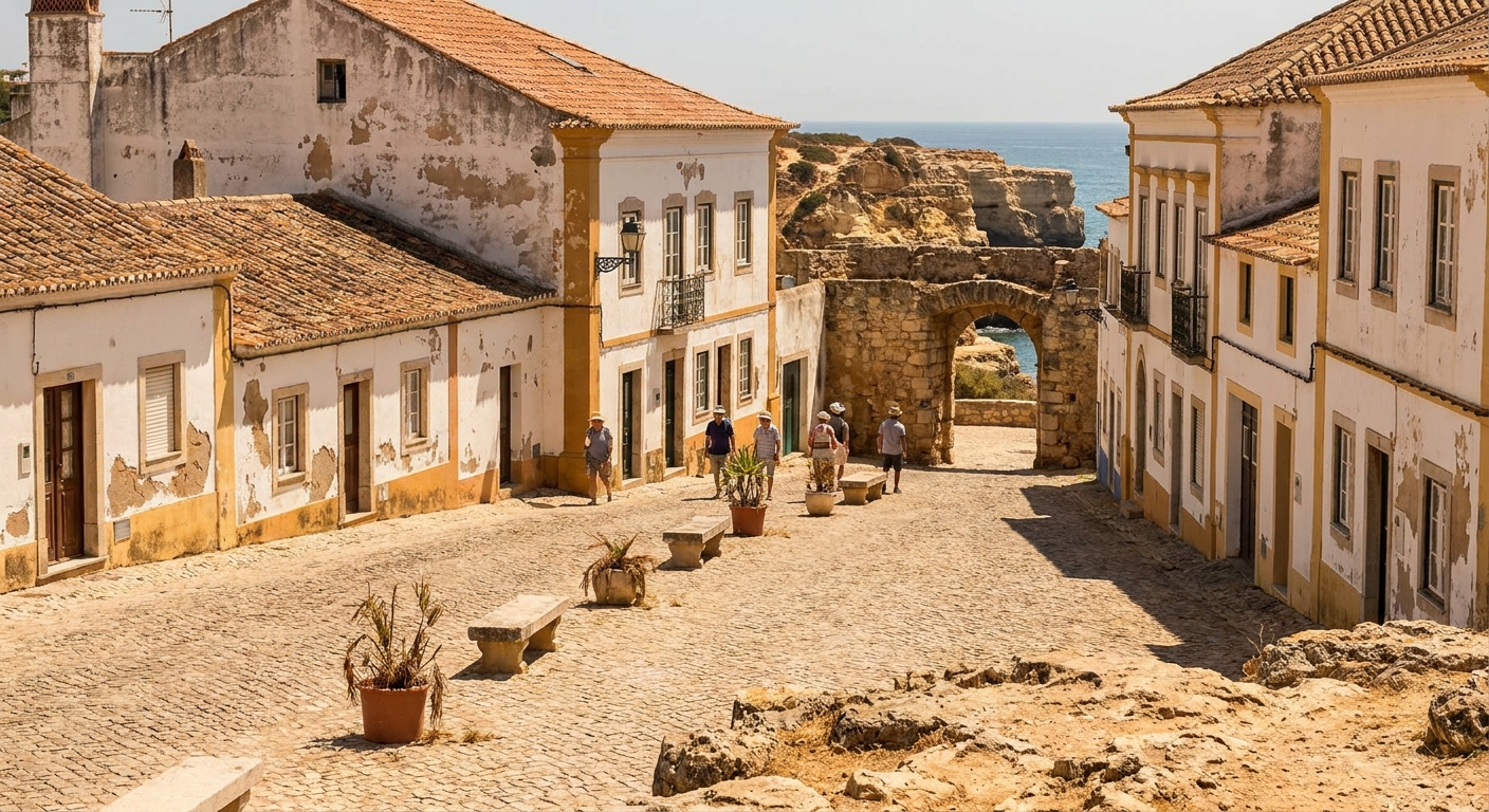 Cobbled square in the old town of Lagos with whitewashed buildings