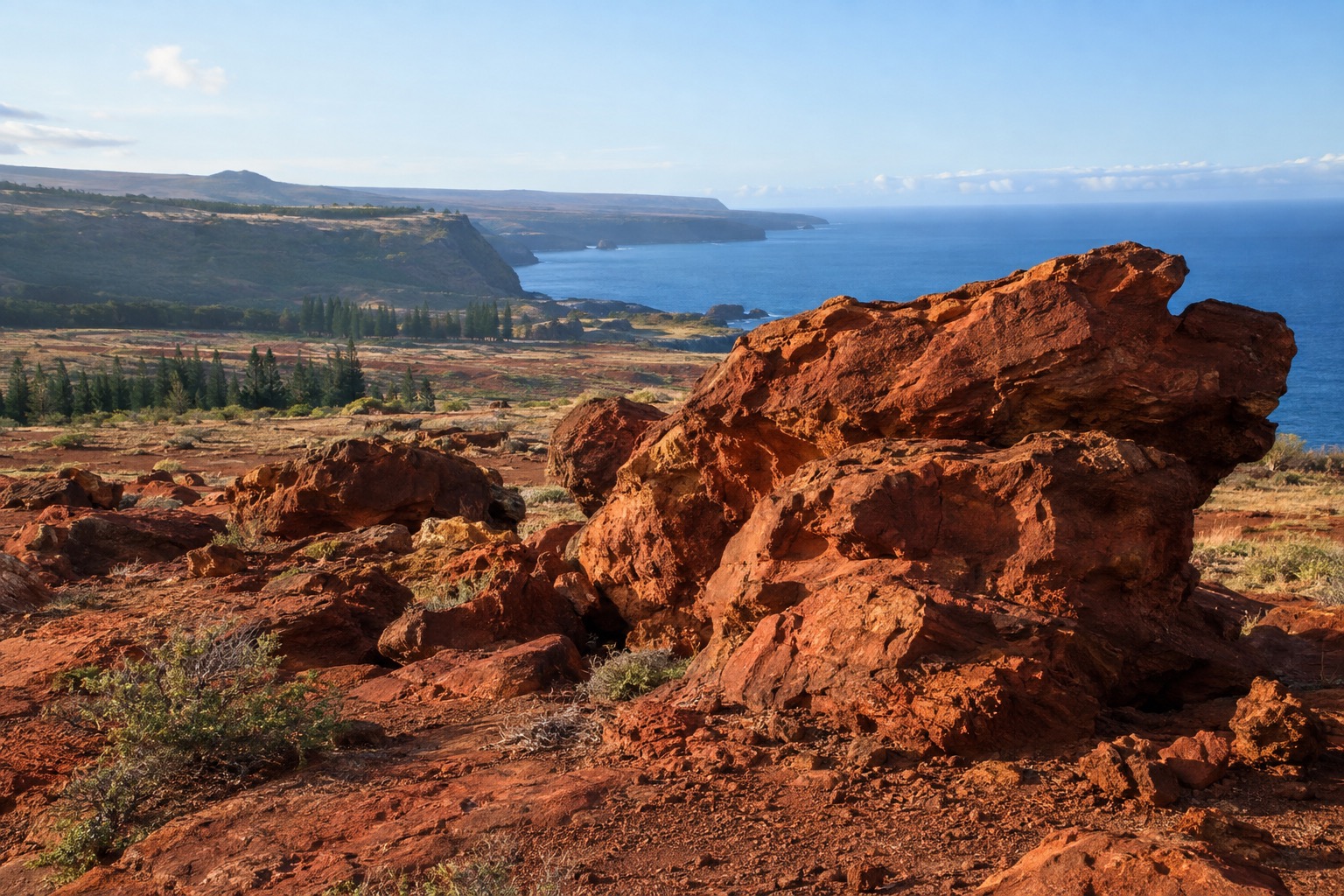 Red volcanic rock formations and wind-carved boulders on Lanai's central plateau
