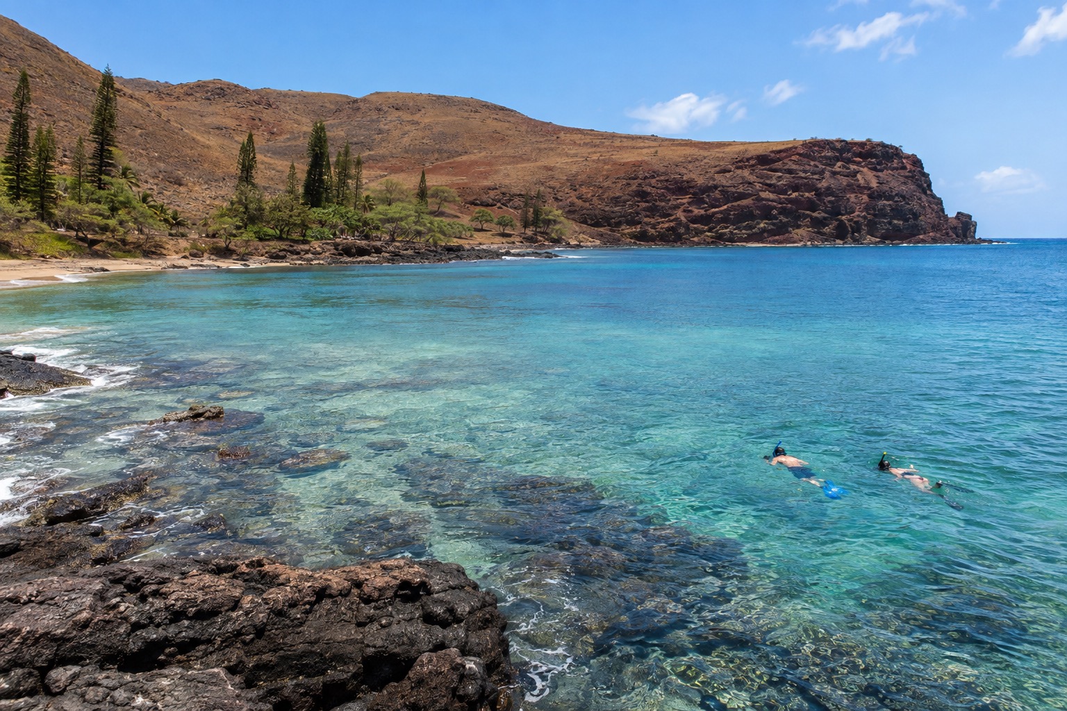 Snorkelers near the shoreline of a crescent bay on Lanai, dry hills rising behind