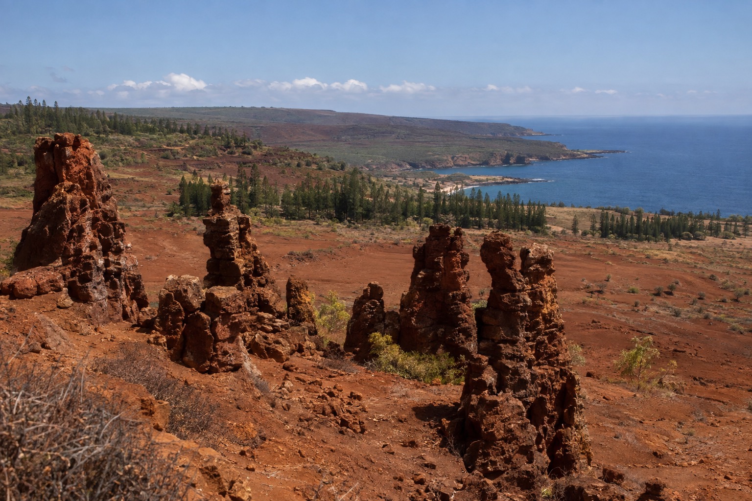 Reddish eroded rock spires scattered across a dry, rust-colored plateau