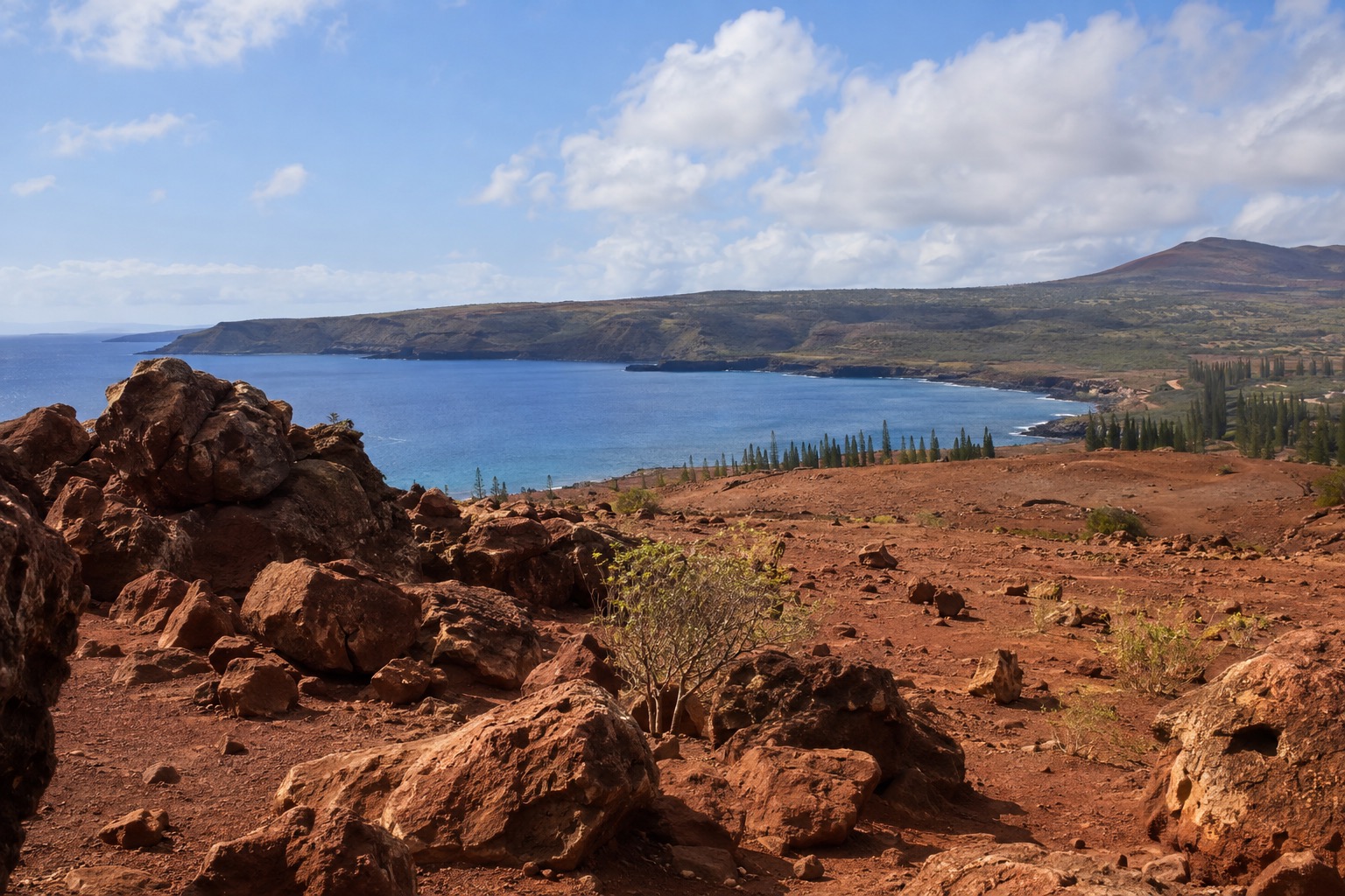 Reddish rock formations scattered across a dry plateau at Keahiakawelo on Lanai