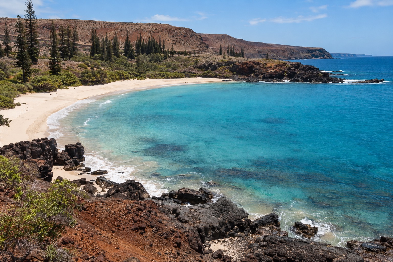A curved white-sand bay with turquoise water and dark lava points at each end