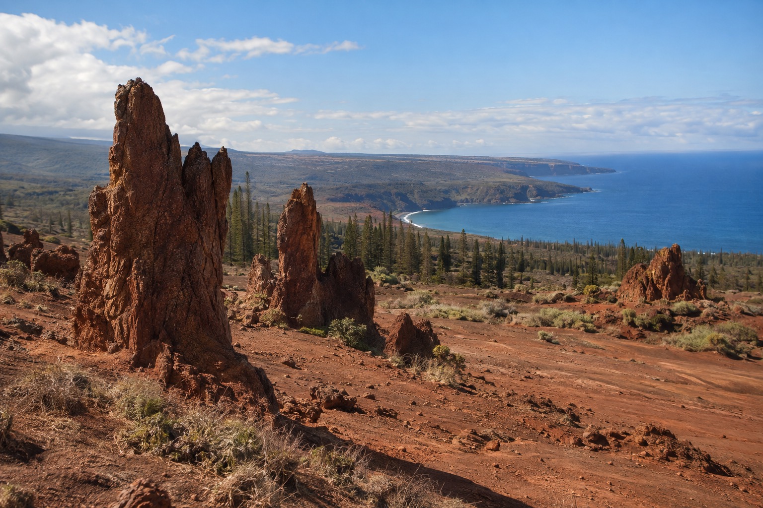 Rust-red volcanic pinnacles across a wind-swept plateau clearing on Lanai