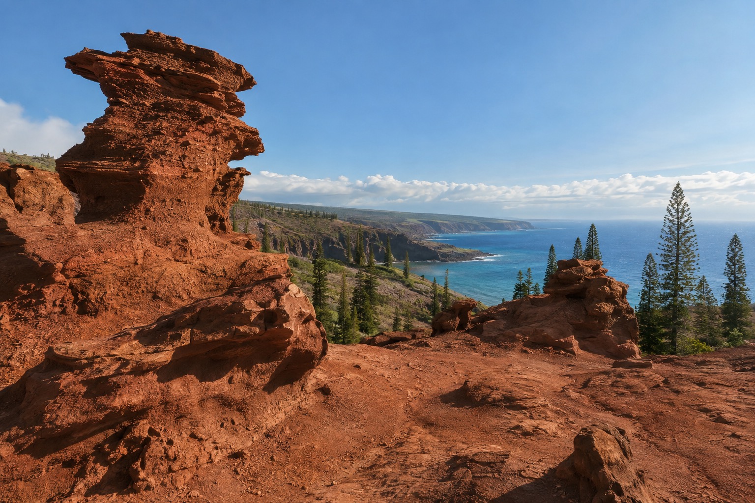 A red dirt landscape with wind-carved rock formations under a clear sky on Lanai's plateau