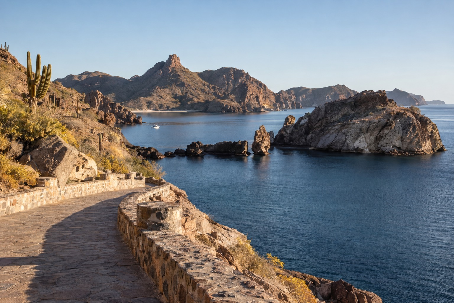 Waterfront promenade curving beside a calm bay with dry hills in the distance
